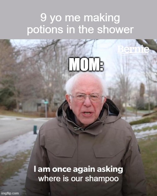 Bernie I Am Once Again Asking For Your Support |  9 yo me making potions in the shower; MOM:; where is our shampoo | image tagged in memes,bernie i am once again asking for your support,shower,shampoo,kids these days,funny memes | made w/ Imgflip meme maker