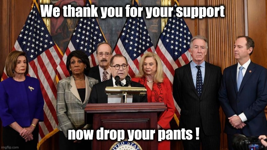 House Democrats | We thank you for your support now drop your pants ! | image tagged in house democrats | made w/ Imgflip meme maker