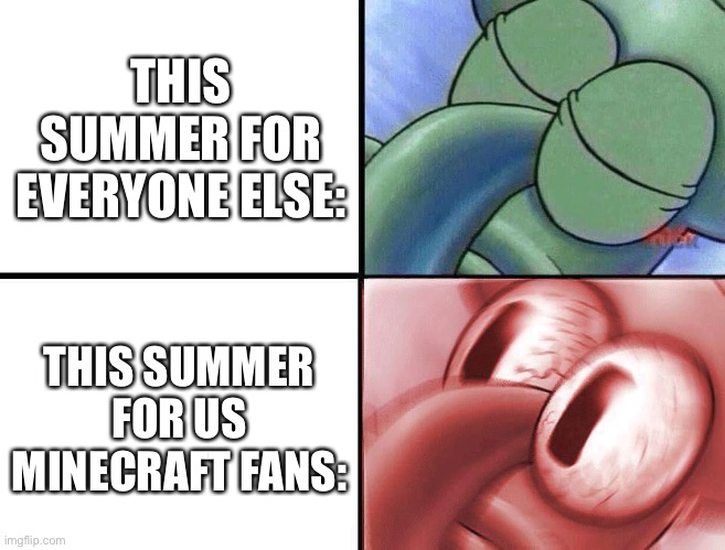 sleeping Squidward | THIS SUMMER FOR EVERYONE ELSE:; THIS SUMMER FOR US MINECRAFT FANS: | image tagged in sleeping squidward,minecraft | made w/ Imgflip meme maker