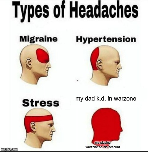 Types of Headaches meme | my dad k.d. in warzone; me playing warzone on his account | image tagged in types of headaches meme | made w/ Imgflip meme maker