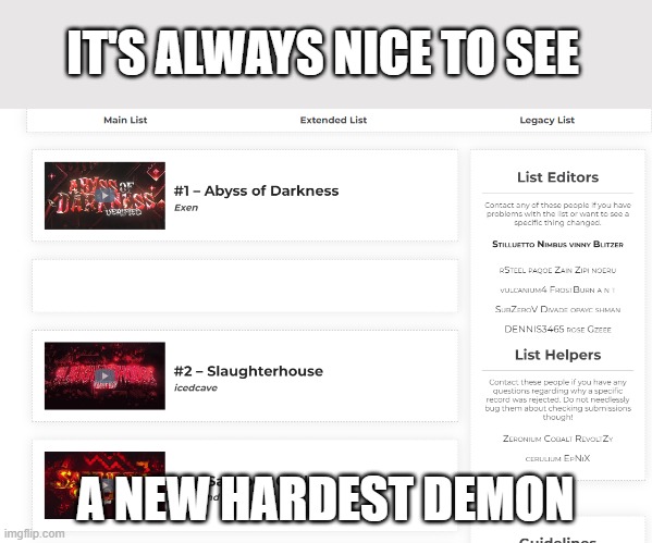 Meme #33 | IT'S ALWAYS NICE TO SEE; A NEW HARDEST DEMON | image tagged in darkness,geometry dash,demons,memes,games,video games | made w/ Imgflip meme maker