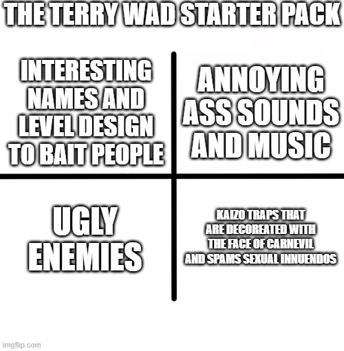 Blank Starter Pack Meme | THE TERRY WAD STARTER PACK; ANNOYING ASS SOUNDS AND MUSIC; INTERESTING NAMES AND LEVEL DESIGN TO BAIT PEOPLE; UGLY ENEMIES; KAIZO TRAPS THAT ARE DECOREATED WITH THE FACE OF CARNEVIL AND SPAMS SEXUAL INNUENDOS | image tagged in memes,blank starter pack | made w/ Imgflip meme maker
