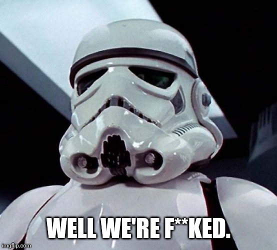 Stormtrooper | WELL WE'RE F**KED. | image tagged in stormtrooper | made w/ Imgflip meme maker