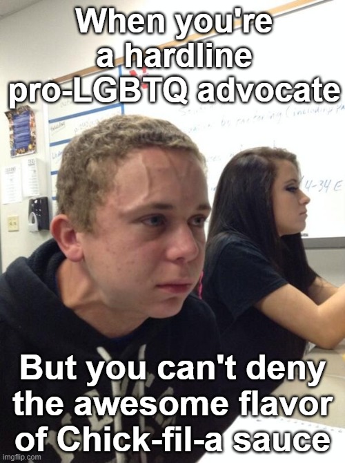The never ending internal conflict...lol | When you're a hardline pro-LGBTQ advocate; But you can't deny the awesome flavor of Chick-fil-a sauce | image tagged in frustrated boy,chick-fil-a sauce,lgbtq,boycott chick-fil-a | made w/ Imgflip meme maker