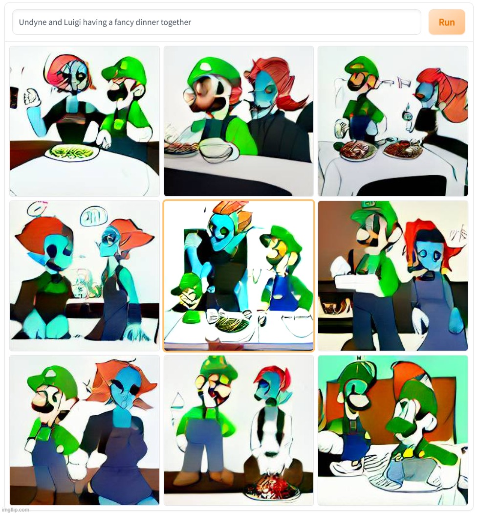 Undyne And Luigi Having A Fancy Dinner Together | image tagged in dall-e mini,fancy,dinner,luigi,undyne,funny | made w/ Imgflip meme maker