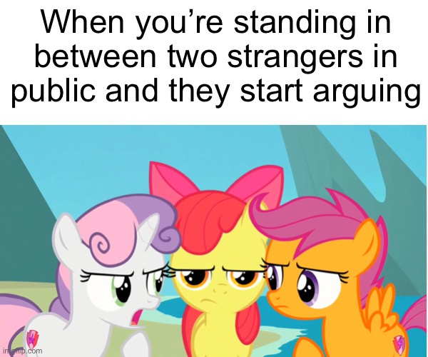 Happens all the time |  When you’re standing in between two strangers in public and they start arguing | image tagged in memes,funny,relatable,fun,ponies | made w/ Imgflip meme maker