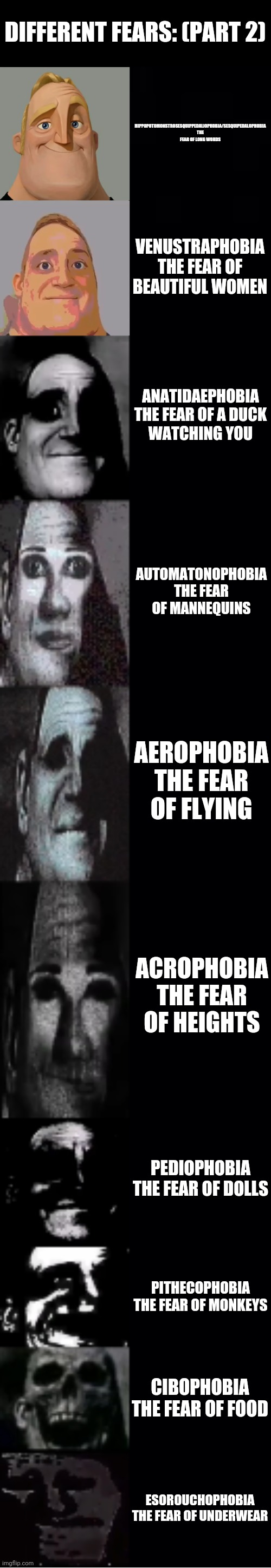 More fears | DIFFERENT FEARS: (PART 2); HIPPOPOTOMONSTROSESQUIPPEDALIOPHOBIA/SESQUIPEDALOPHOBIA

THE FEAR OF LONG WORDS; VENUSTRAPHOBIA

THE FEAR OF BEAUTIFUL WOMEN; ANATIDAEPHOBIA

THE FEAR OF A DUCK WATCHING YOU; AUTOMATONOPHOBIA

THE FEAR OF MANNEQUINS; AEROPHOBIA

THE FEAR OF FLYING; ACROPHOBIA

THE FEAR OF HEIGHTS; PEDIOPHOBIA

THE FEAR OF DOLLS; PITHECOPHOBIA

THE FEAR OF MONKEYS; CIBOPHOBIA

THE FEAR OF FOOD; ESOROUCHOPHOBIA

THE FEAR OF UNDERWEAR | image tagged in mr incredible becoming uncanny | made w/ Imgflip meme maker