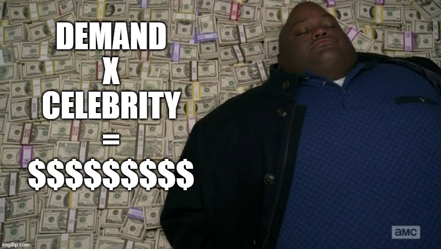huell money breaking bad | DEMAND
X
CELEBRITY
=
$$$$$$$$$ | image tagged in huell money breaking bad | made w/ Imgflip meme maker