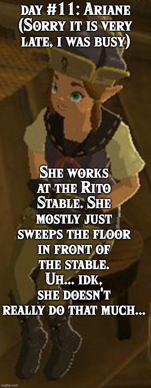 BoTW NPCs until BoTW2. Day #11: Ariane | She works at the Rito Stable. She mostly just sweeps the floor in front of the stable. Uh... idk, she doesn't really do that much... day #11: Ariane
(Sorry it is very late, i was busy) | image tagged in one npc every day,the legend of zelda breath of the wild | made w/ Imgflip meme maker