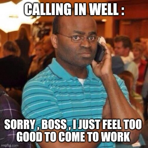 Calling the police | CALLING IN WELL : SORRY , BOSS , I JUST FEEL TOO 
GOOD TO COME TO WORK | image tagged in calling the police | made w/ Imgflip meme maker