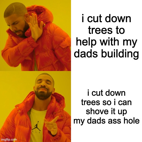 working with my dad | i cut down trees to help with my dads building; i cut down trees so i can shove it up my dads ass hole | image tagged in memes,drake hotline bling | made w/ Imgflip meme maker