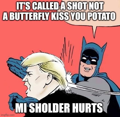 Trump is a dipshit | IT'S CALLED A SHOT NOT A BUTTERFLY KISS YOU POTATO; MI SHOLDER HURTS | image tagged in batman slaps trump | made w/ Imgflip meme maker