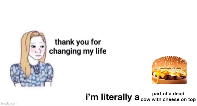 thank you for changing my life | part of a dead cow with cheese on top | image tagged in thank you for changing my life | made w/ Imgflip meme maker