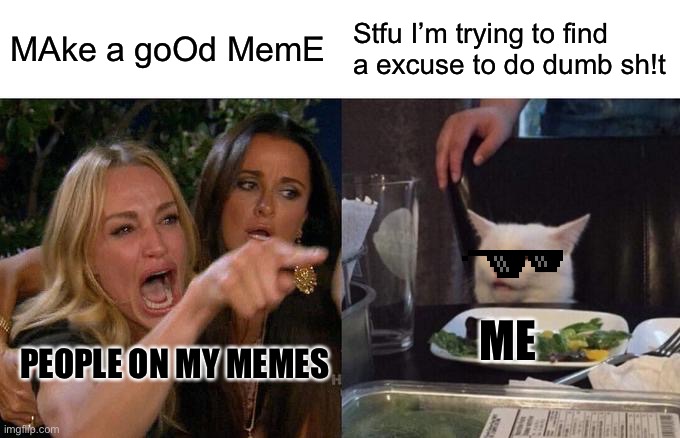 Actually stfu u guys |  MAke a goOd MemE; Stfu I’m trying to find a excuse to do dumb sh!t; ME; PEOPLE ON MY MEMES | image tagged in memes,woman yelling at cat | made w/ Imgflip meme maker