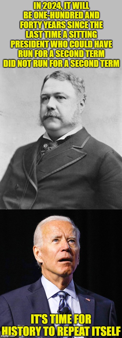 Let's go Brandon! I agree! | IN 2024, IT WILL BE ONE-HUNDRED AND FORTY YEARS SINCE THE LAST TIME A SITTING PRESIDENT WHO COULD HAVE RUN FOR A SECOND TERM DID NOT RUN FOR A SECOND TERM; IT'S TIME FOR HISTORY TO REPEAT ITSELF | image tagged in joe biden,political meme,presidential race,election 2024,chester a arthur | made w/ Imgflip meme maker