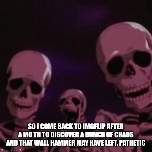 . | SO I COME BACK TO IMGFLIP AFTER A MO TH TO DISCOVER A BUNCH OF CHAOS AND THAT WALL HAMMER MAY HAVE LEFT. PATHETIC | made w/ Imgflip meme maker