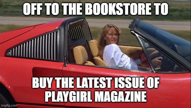 Christie Brinkley driving red Ferrari | OFF TO THE BOOKSTORE TO; BUY THE LATEST ISSUE OF
PLAYGIRL MAGAZINE | image tagged in christie brinkley driving red ferrari | made w/ Imgflip meme maker