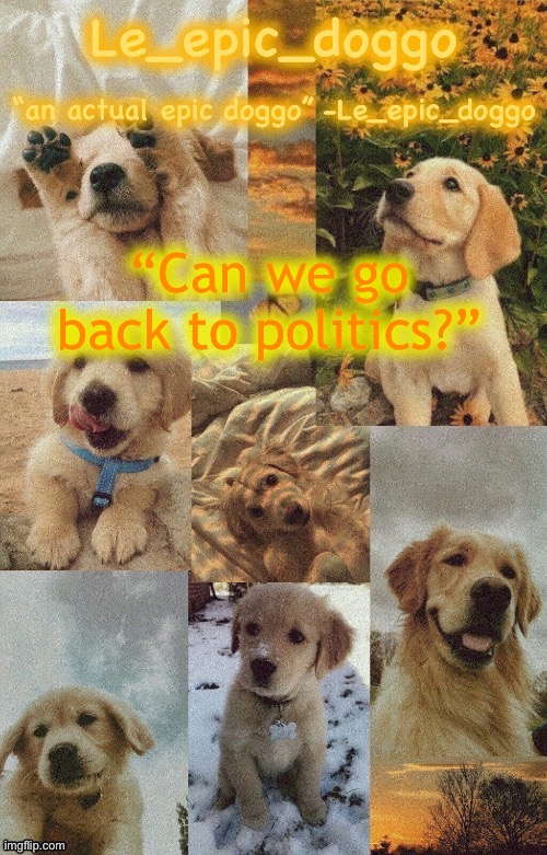Doggo temp by doggo. Wait what that’s confusing | “Can we go back to politics?” | image tagged in doggo temp by doggo wait what that s confusing | made w/ Imgflip meme maker
