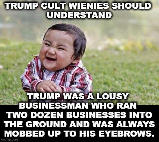 Trump didn't go bankrupt six times because he was clever. He went bankrupt six times because he was no damn good. | TRUMP CULT WIENIES SHOULD 
UNDERSTAND; TRUMP WAS A LOUSY 
BUSINESSMAN WHO RAN 
TWO DOZEN BUSINESSES INTO THE GROUND AND WAS ALWAYS MOBBED UP TO HIS EYEBROWS. | image tagged in memes,evil toddler,trump,bad,businessman,incompetence | made w/ Imgflip meme maker