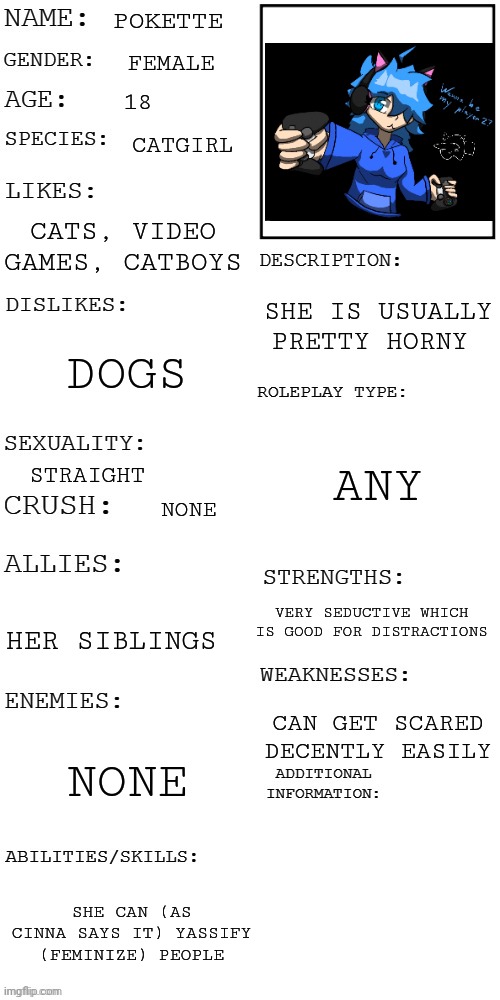Number 4. Almost done | POKETTE; FEMALE; 18; CATGIRL; CATS, VIDEO GAMES, CATBOYS; SHE IS USUALLY PRETTY HORNY; DOGS; ANY; STRAIGHT; NONE; VERY SEDUCTIVE WHICH IS GOOD FOR DISTRACTIONS; HER SIBLINGS; CAN GET SCARED DECENTLY EASILY; NONE; SHE CAN (AS CINNA SAYS IT) YASSIFY (FEMINIZE) PEOPLE | image tagged in updated roleplay oc showcase | made w/ Imgflip meme maker