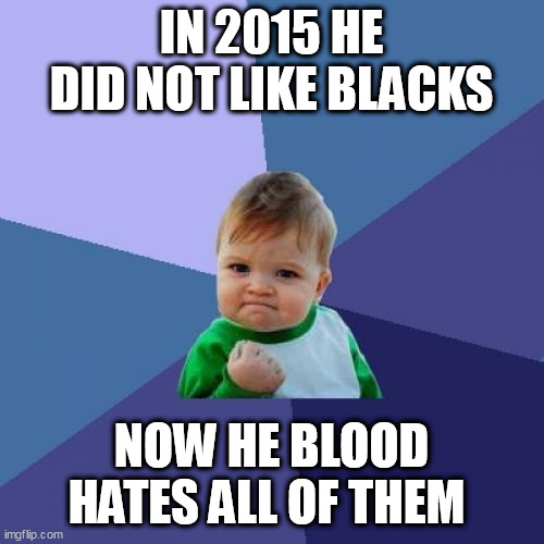 Success Kid Meme | IN 2015 HE DID NOT LIKE BLACKS; NOW HE BLOOD HATES ALL OF THEM | image tagged in memes,success kid | made w/ Imgflip meme maker