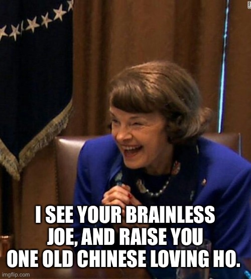 Dianne Feinstein Shlomo hand rubbing | I SEE YOUR BRAINLESS JOE, AND RAISE YOU ONE OLD CHINESE LOVING HO. | image tagged in dianne feinstein shlomo hand rubbing | made w/ Imgflip meme maker