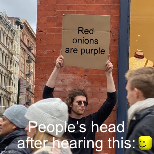 Red onions are purple; People’s head after hearing this: | image tagged in memes,guy holding cardboard sign | made w/ Imgflip meme maker