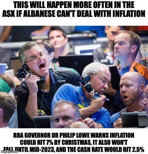 Upset Stock Market Traders | THIS WILL HAPPEN MORE OFTEN IN THE ASX IF ALBANESE CAN'T DEAL WITH INFLATION; RBA GOVERNOR DR PHILIP LOWE WARNS INFLATION COULD HIT 7% BY CHRISTMAS, IT ALSO WON'T FALL UNTIL MID-2023, AND THE CASH RATE WOULD HIT 2.5% | image tagged in upset stock market traders,asx,inflation,anthony albanese,cash rate,rba | made w/ Imgflip meme maker