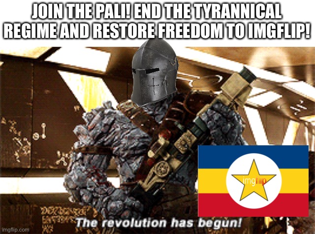 The revolution has begun | JOIN THE PALI! END THE TYRANNICAL REGIME AND RESTORE FREEDOM TO IMGFLIP! | image tagged in the revolution has begun | made w/ Imgflip meme maker