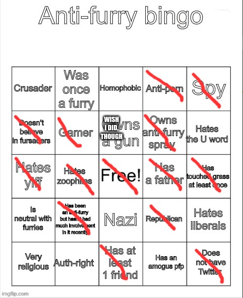 Anti-Furry bingo | WISH I DID, THOUGH | image tagged in anti-furry bingo | made w/ Imgflip meme maker