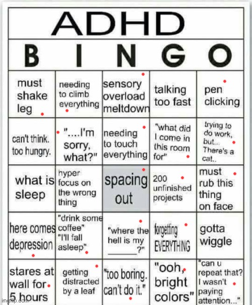 um, never medically diagnosed with adhd but almost everything in this list applies :/ | image tagged in adhd bingo,memes | made w/ Imgflip meme maker