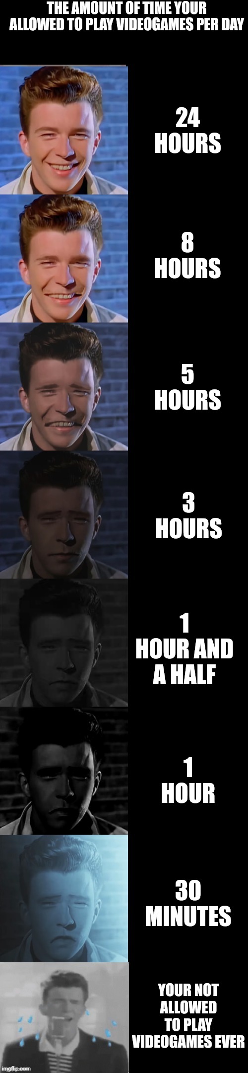 Rick Astley Becoming Sad True Form | THE AMOUNT OF TIME YOUR ALLOWED TO PLAY VIDEOGAMES PER DAY; 24 HOURS; 8 HOURS; 5 HOURS; 3 HOURS; 1 HOUR AND A HALF; 1 HOUR; 30 MINUTES; YOUR NOT ALLOWED TO PLAY VIDEOGAMES EVER | image tagged in rick astley becoming sad true form | made w/ Imgflip meme maker