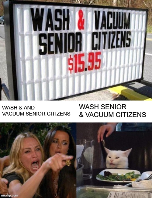 invest | WASH & AND VACUUM SENIOR CITIZENS; WASH SENIOR & VACUUM CITIZENS | image tagged in memes,woman yelling at cat | made w/ Imgflip meme maker