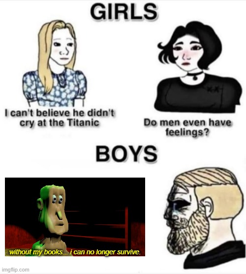 Do men even have feelings | without my books... i can no longer survive. | image tagged in do men even have feelings | made w/ Imgflip meme maker