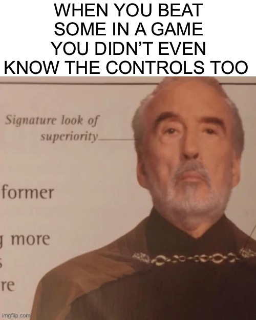Signature Look of superiority | WHEN YOU BEAT SOME IN A GAME YOU DIDN’T EVEN KNOW THE CONTROLS TOO | image tagged in signature look of superiority | made w/ Imgflip meme maker