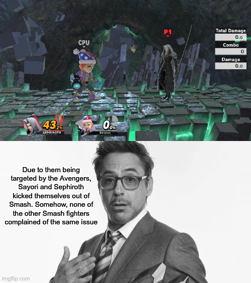 Due to them being targeted by the Avengers, Sayori and Sephiroth kicked themselves out of Smash. Somehow, none of the other Smash fighters c | image tagged in robert downey jr's comments | made w/ Imgflip meme maker