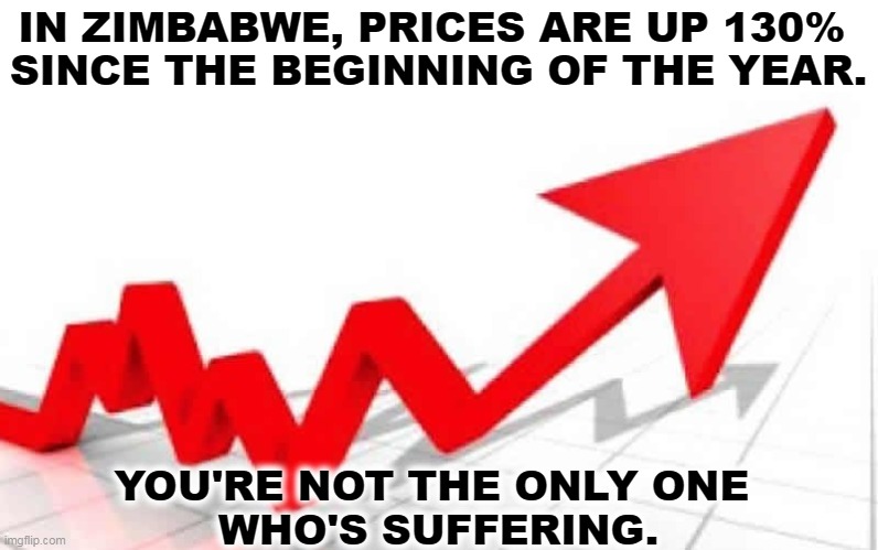 America's getting off easy. | IN ZIMBABWE, PRICES ARE UP 130% 
SINCE THE BEGINNING OF THE YEAR. YOU'RE NOT THE ONLY ONE 
WHO'S SUFFERING. | image tagged in inflation,prices,high,foreign,countries | made w/ Imgflip meme maker