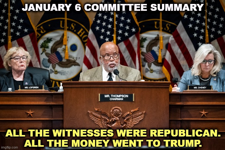 The House GOP wants to re-write history. But facts are stubborn things. | JANUARY 6 COMMITTEE SUMMARY; ALL THE WITNESSES WERE REPUBLICAN.
ALL THE MONEY WENT TO TRUMP. | image tagged in january,investigation,witnesses,republican,money,trump | made w/ Imgflip meme maker