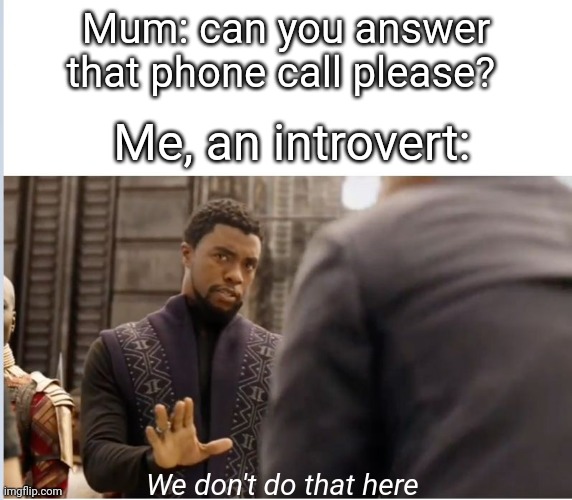 We don't do that here |  Mum: can you answer that phone call please? Me, an introvert:; We don't do that here | image tagged in we don't do that here,introvert,phone call | made w/ Imgflip meme maker