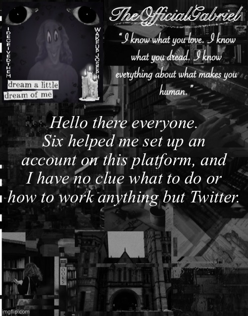 Any tips? - Your beloved, Gabriel | Hello there everyone. Six helped me set up an account on this platform, and I have no clue what to do or how to work anything but Twitter. | image tagged in mandela catalogue | made w/ Imgflip meme maker