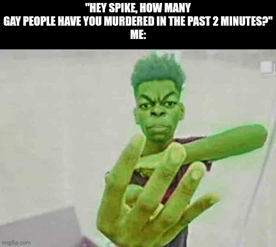 Beast Boy Holding Up 4 Fingers | "HEY SPIKE, HOW MANY GAY PEOPLE HAVE YOU MURDERED IN THE PAST 2 MINUTES?"
ME: | image tagged in beast boy holding up 4 fingers | made w/ Imgflip meme maker