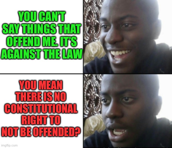 Snowflake Realization | YOU CAN’T SAY THINGS THAT OFFEND ME. IT’S AGAINST THE LAW; YOU MEAN THERE IS NO CONSTITUTIONAL RIGHT TO NOT BE OFFENDED? | image tagged in happy / shock,mean tweets,snowflake screecher,im offended whaaaaa,left cant handle criticism | made w/ Imgflip meme maker