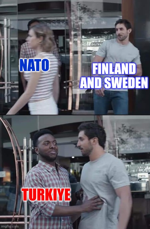Kremlin is having limbs of joy because Turkiye will freeze Finland and Sweden to NOT join Nato | FINLAND AND SWEDEN; NATO; TURKIYE | image tagged in black guy stopping,turkiye,sweden,finland,nato | made w/ Imgflip meme maker