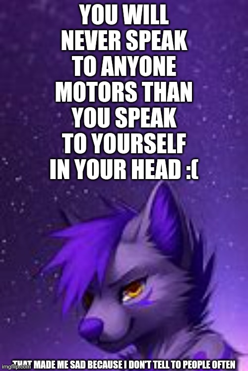 YOU WILL NEVER SPEAK TO ANYONE MOTORS THAN YOU SPEAK TO YOURSELF IN YOUR HEAD :(; THAT MADE ME SAD BECAUSE I DON'T TELL TO PEOPLE OFTEN | made w/ Imgflip meme maker