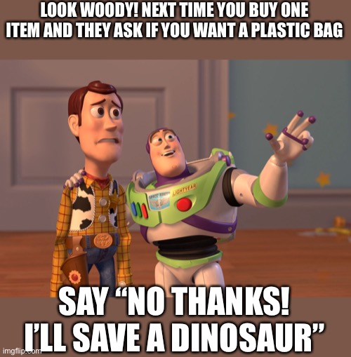 X, X Everywhere Meme | LOOK WOODY! NEXT TIME YOU BUY ONE ITEM AND THEY ASK IF YOU WANT A PLASTIC BAG SAY “NO THANKS! I’LL SAVE A DINOSAUR” | image tagged in memes,x x everywhere | made w/ Imgflip meme maker
