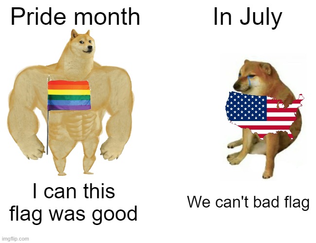 When you're a flag was good | Pride month; In July; I can this flag was good; We can't bad flag | image tagged in memes,buff doge vs cheems | made w/ Imgflip meme maker