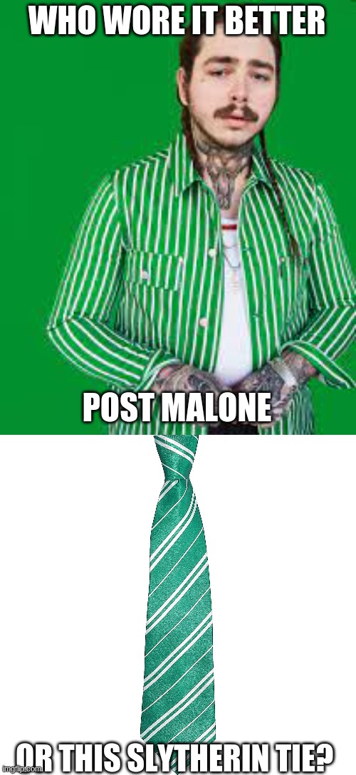 Who Wore It Better Wednesday #111 - Green and white stripes |  WHO WORE IT BETTER; POST MALONE; OR THIS SLYTHERIN TIE? | image tagged in memes,who wore it better,post malone,slytherin,singers,hogwarts | made w/ Imgflip meme maker