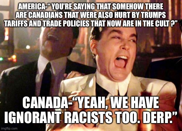 Goodfellas Laugh | AMERICA-“ YOU’RE SAYING THAT SOMEHOW THERE ARE CANADIANS THAT WERE ALSO HURT BY TRUMPS TARIFFS AND TRADE POLICIES THAT NOW ARE IN THE CULT ?”; CANADA-“YEAH, WE HAVE IGNORANT RACISTS TOO. DERP.” | image tagged in goodfellas laugh | made w/ Imgflip meme maker