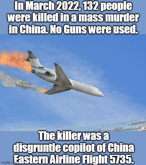 Pretty sure this disgruntle copilot could've used some mental health counseling. | In March 2022, 132 people were killed in a mass murder in China. No Guns were used. The killer was a disgruntle copilot of China Eastern Airline Flight 5735. | image tagged in plane crash,mass murder,china,democrats,liberals,left | made w/ Imgflip meme maker