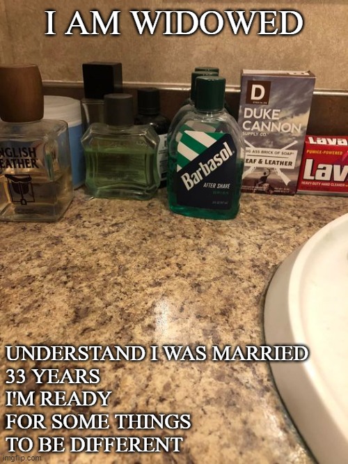 Got my sink back | I AM WIDOWED; UNDERSTAND I WAS MARRIED 
33 YEARS
I'M READY
FOR SOME THINGS
TO BE DIFFERENT | image tagged in funny,funny meme | made w/ Imgflip meme maker